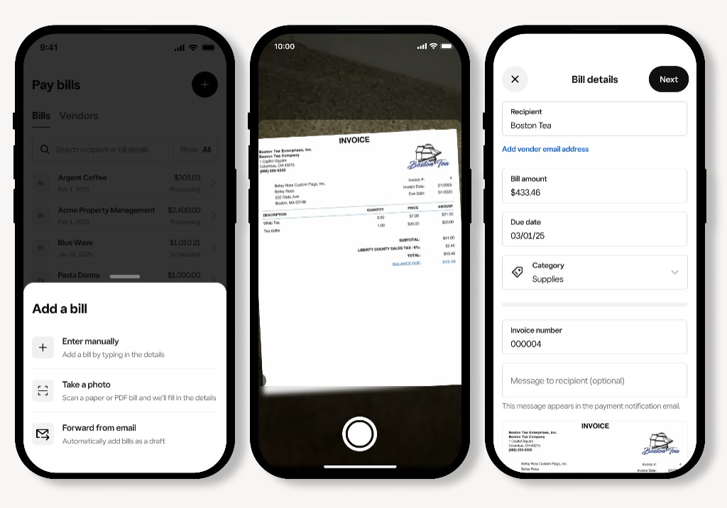 Bill Pay cold start: add a bill, scan invoice, and auto-filled details