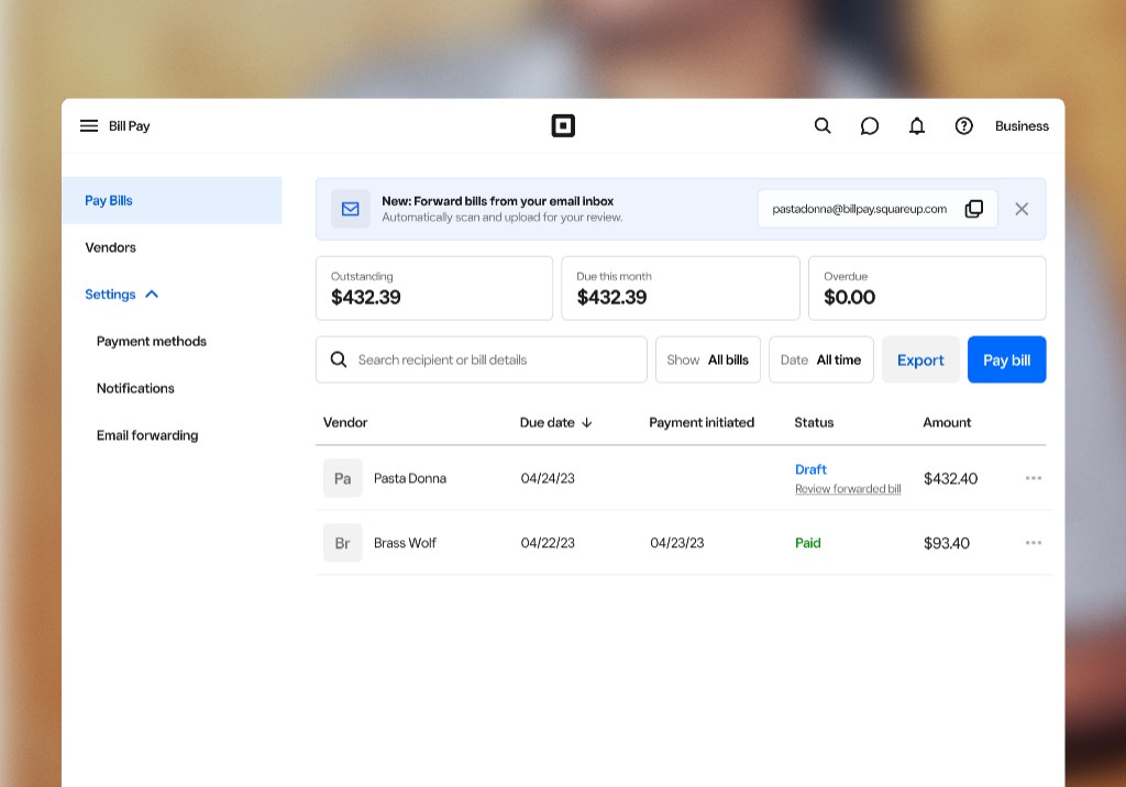 Square Bill Pay dashboard with outstanding bills and email forwarding