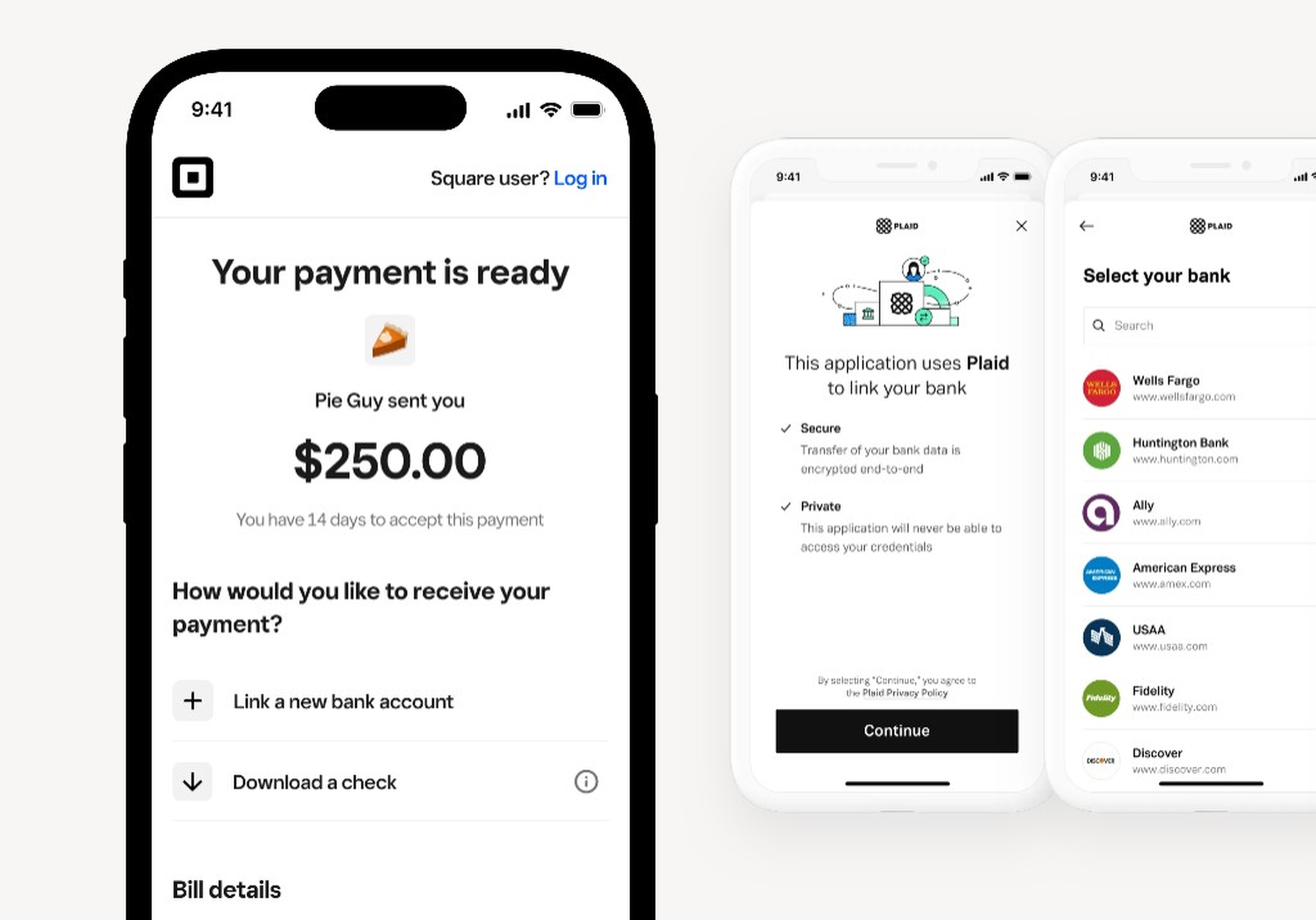 Square Bill Pay vendor payment acceptance with Plaid bank connection