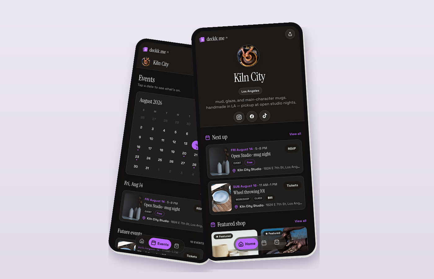 Kiln City Events on Deckk — dark mode public deck